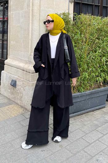 Lamelif Saçaklı Kimono İkili Tesettür Takım Siyah