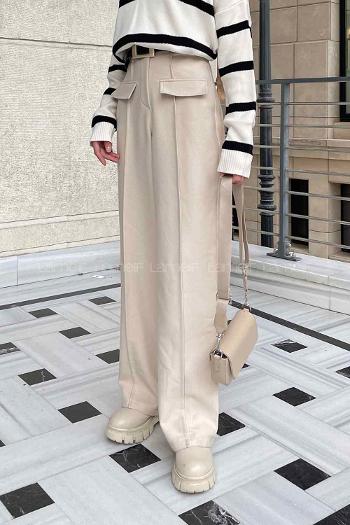 Lamelif Ön Kapak Cep Detaylı Çimalı Pantalon Krem