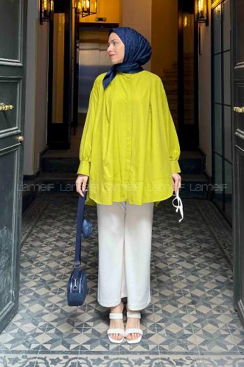 Oil Green Mandarin Collar Long Arm Cotton Unprinted Shirt