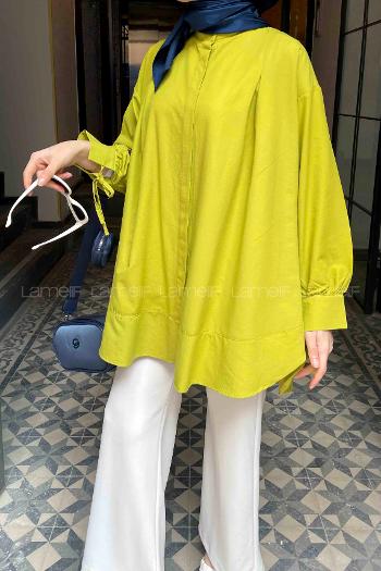 Oil Green Mandarin Collar Long Arm Cotton Unprinted Shirt