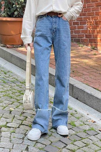 Lamelif Paça Kıvırmalı Flare Pantalon Açık Mavi