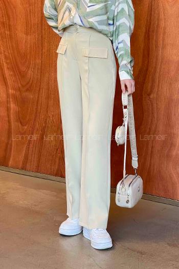 Lamelif Ön Kapak Cep Detaylı Çimalı Pantalon Bej