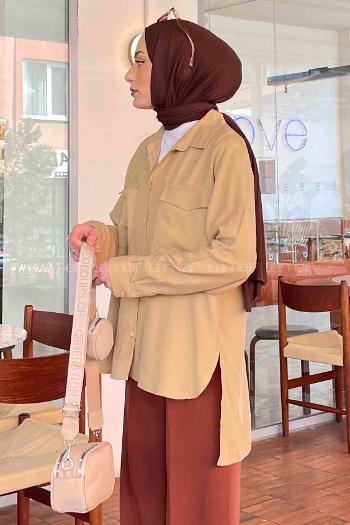 Lamelif Çift Kapak Cep Detaylı Gömlek Sütlü Kahve
