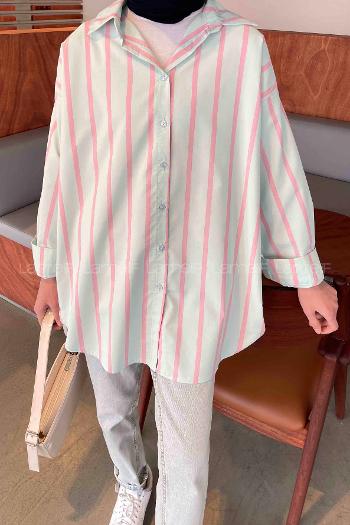 Lamelif Oversize Kalın Çizgi Detaylı Gömlek Su Yeşili