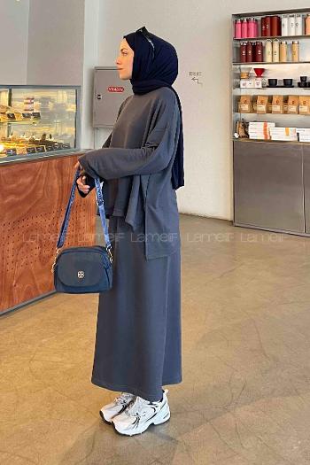 Lamelif Kristal Etekli Tesettür Takım Antrasit