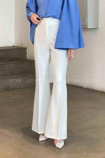 Lamelif Yüksek Bel İspanyol Paça Gizli Cep Pantolon Ekru