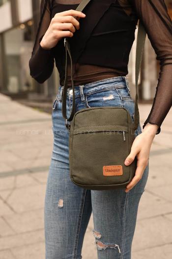 Lamelif Fermuarlı Kanvas İki Bölmeli Omuz Çantası Haki