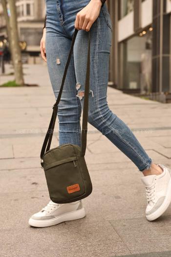 Lamelif Fermuarlı Kanvas İki Bölmeli Omuz Çantası Haki