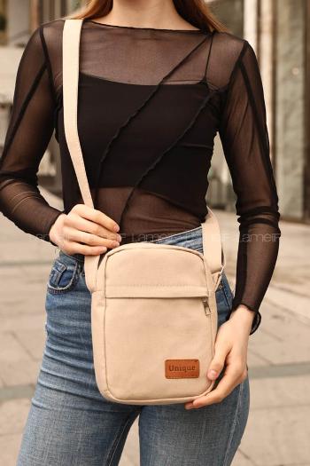 Lamelif Fermuarlı Kanvas  İki Bölmeli Omuz Çantası Krem