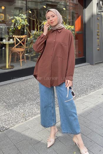 Lamelif Tek Cep Detaylı Çizgi Geçişli Gömlek Kahverengi
