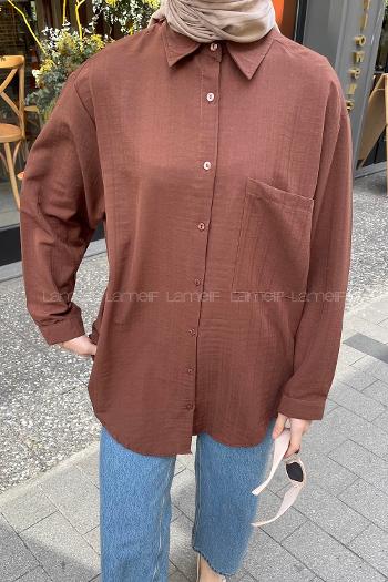Lamelif Tek Cep Detaylı Çizgi Geçişli Gömlek Kahverengi