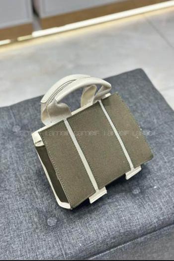 Lamelif Şerit Detaylı Keten El Ve Omuz Çantası Haki