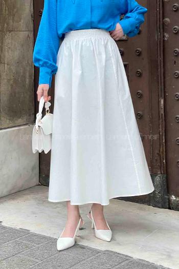 Lamelif Cep Detaylı Kloş Keten Etek Beyaz