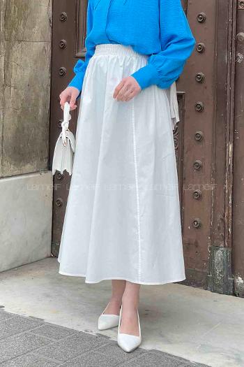 Lamelif Cep Detaylı Kloş Keten Etek Beyaz