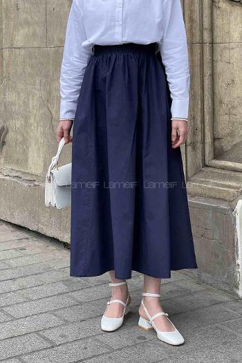 Lamelif Cep Detaylı Kloş Keten Etek Lacivert