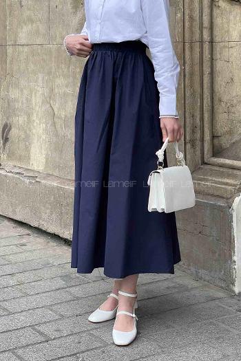 Lamelif Cep Detaylı Kloş Keten Etek Lacivert