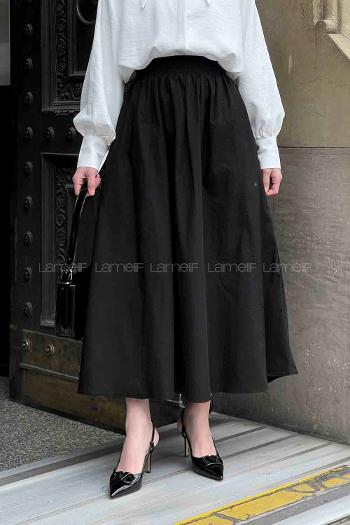 Lamelif Cep Detaylı Kloş Keten Etek Siyah