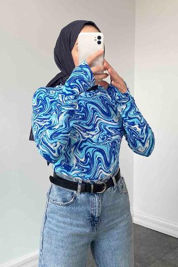 Blue Choker Neck Long Arm Viscose Fabric Body