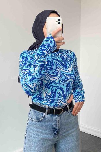 Blue Choker Neck Long Arm Viscose Fabric Body