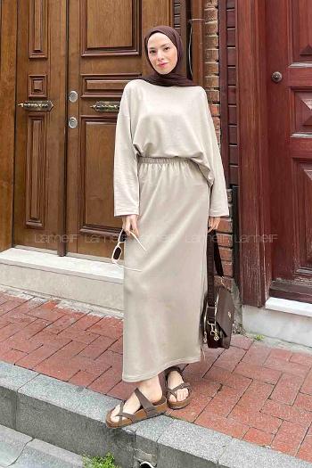 Lamelif Kristal Etekli Tesettür Takım Bej