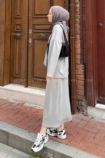 Gray Crew Neck Long Arm Poplin Fabric Straight Skirt Suit
