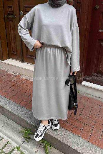 Gray Crew Neck Long Arm Poplin Fabric Straight Skirt Suit