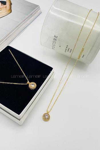 Lamelif Gold Kristal Taşlı Baget Zirkon Kolye