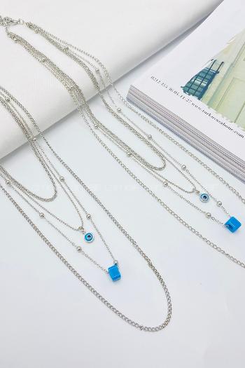 Lamelif Gümüş 4lü Kombin Nazar Boncuklu Kolye Seti