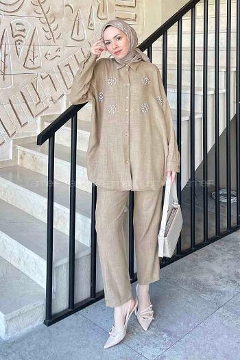 Camel Shirt Collar Long Arm With Brooch Linen Regular Trousers Comfortable Suit