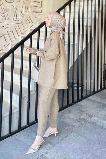 Camel Shirt Collar Long Arm With Brooch Linen Regular Trousers Comfortable Suit