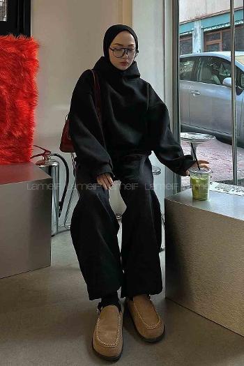 Lamelif Kapşonlu Oversize Yan Cepli Sweat Siyah
