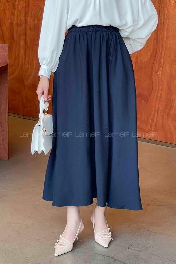 Lamelif Cep Detaylı Tensel Kloş Etek Lacivert