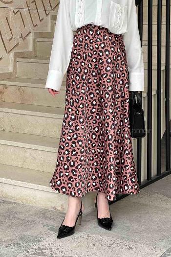Lamelif Saten Pamuklu Leopar Etek Gül Rengi