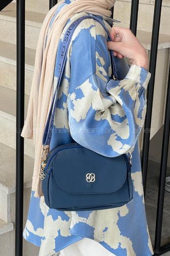 Lamelif Üç Bölmeli Buzzy Kumaş Kadın Omuz Çantası Lacivert