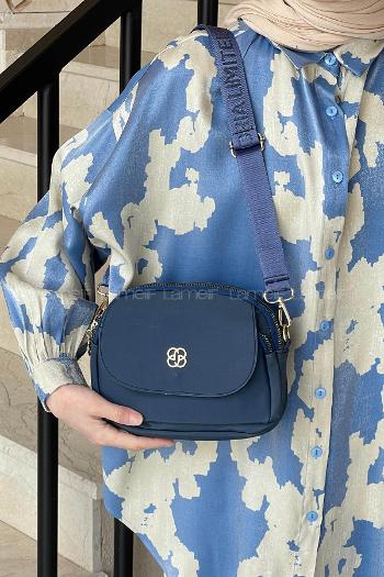 Lamelif Üç Bölmeli Buzzy Kumaş Kadın Omuz Çantası Lacivert