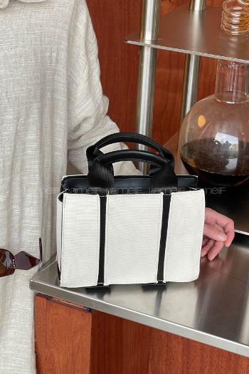 Lamelif Şerit Detaylı Keten El Ve Omuz Çantası Krem Siyah