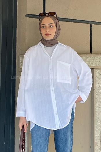 Lamelif Tek Cep Detaylı Çizgi Geçişli Gömlek Beyaz