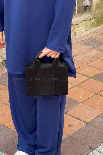 Lamelif Şerit Detaylı Keten El Ve Omuz Çantası Siyah