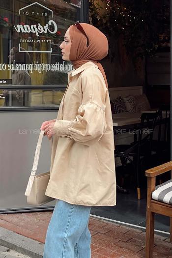Lamelif Kol Bağlama Detaylı Oversize Gömlek Bej