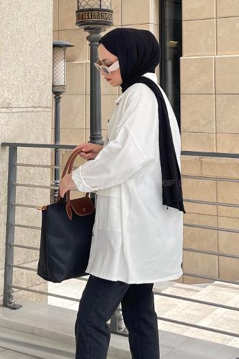 Lamelif Kapaklı İki Cepli Tahta Düğmeli Gömlek Ekru