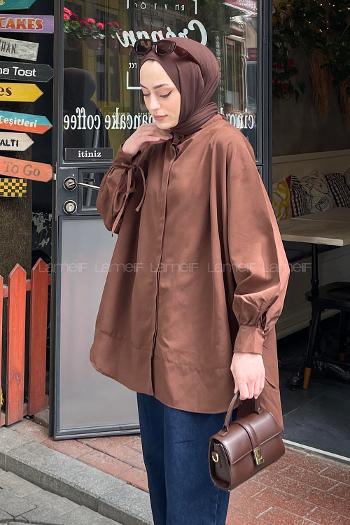 Lamelif Manşeti Biyeli Tunik Acı Kahve