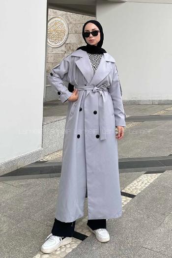 Gray Long Arm Belted Cotton Trench Coat