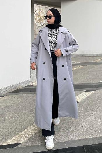 Gray Long Arm Belted Cotton Trench Coat