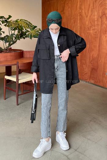 Lamelif Bombe Cepli Gabardin Gömlek Siyah