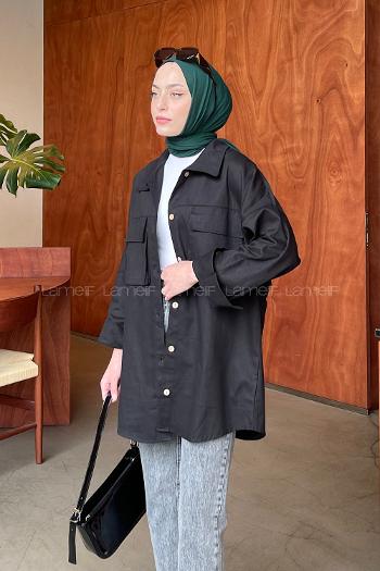 Lamelif Bombe Cepli Gabardin Gömlek Siyah