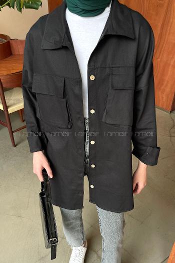 Lamelif Bombe Cepli Gabardin Gömlek Siyah