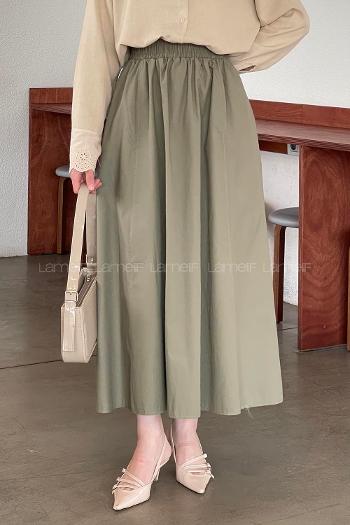 Lamelif Cep Detaylı Kloş Keten Etek Asker Yeşili