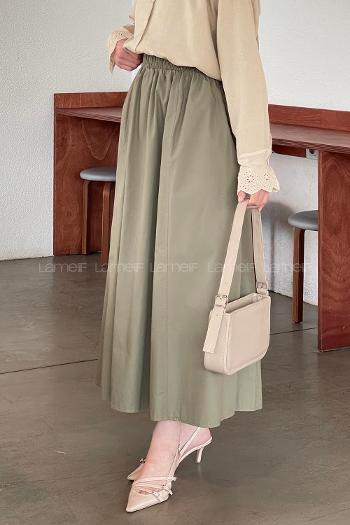 Lamelif Cep Detaylı Kloş Keten Etek Asker Yeşili