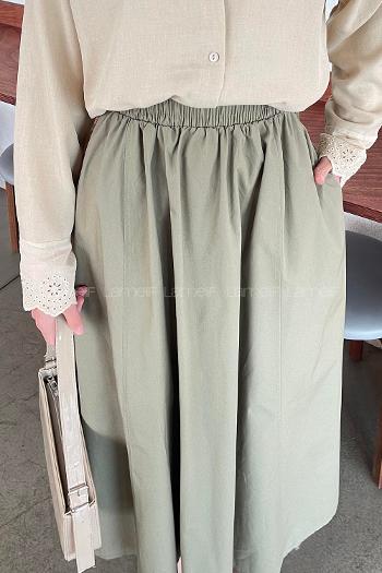 Lamelif Cep Detaylı Kloş Keten Etek Asker Yeşili