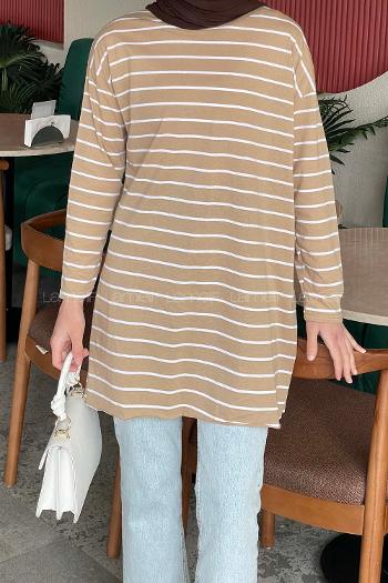 Lamelif Çizgili Uzun Kol Tunik Sütlü Kahve